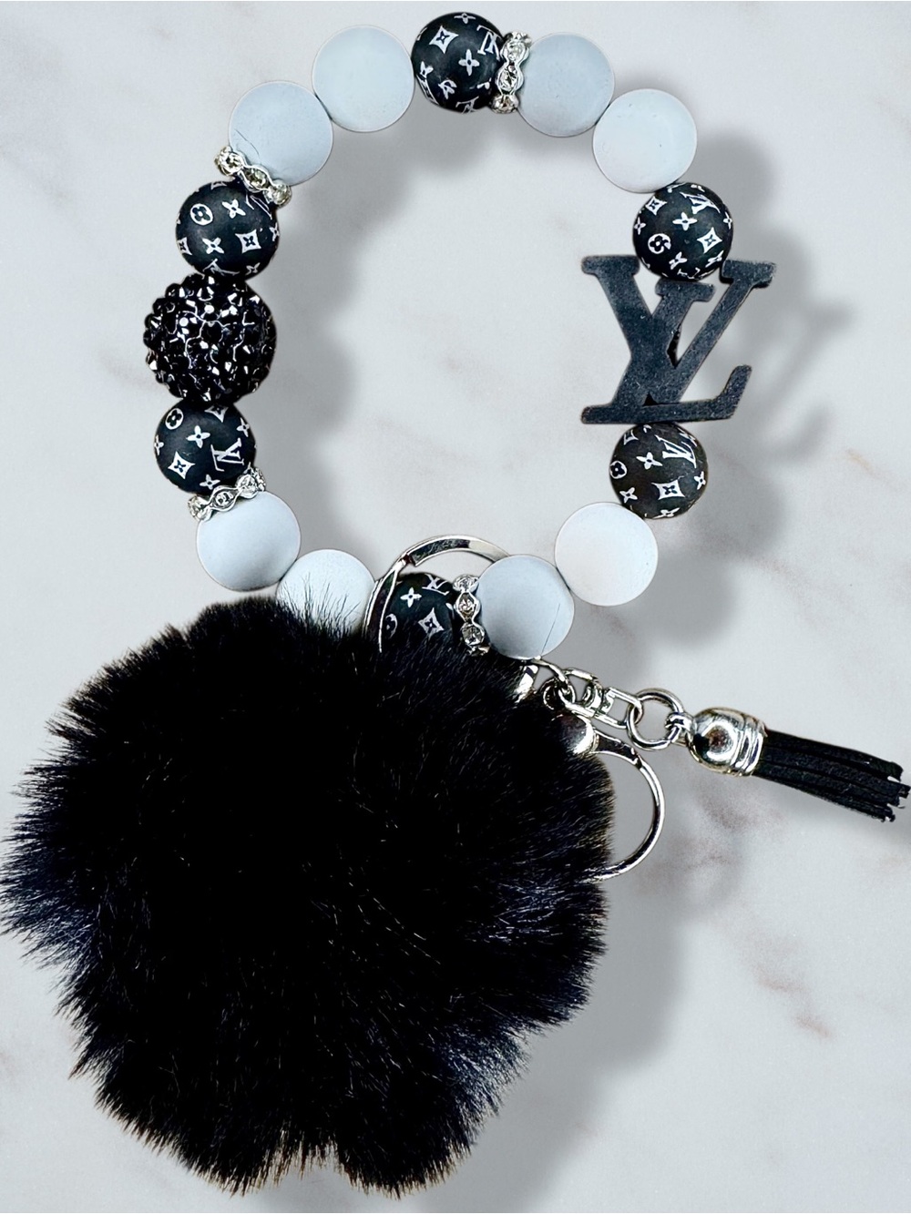 Fashion LV Black and Silver Pom Pom Wristlet Keychain
